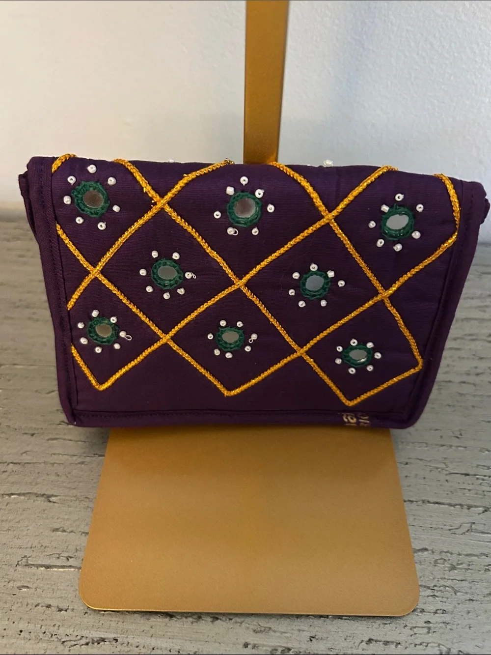 Embellished Purple Women's Clutch with Gold Stitching 6.5x4.5